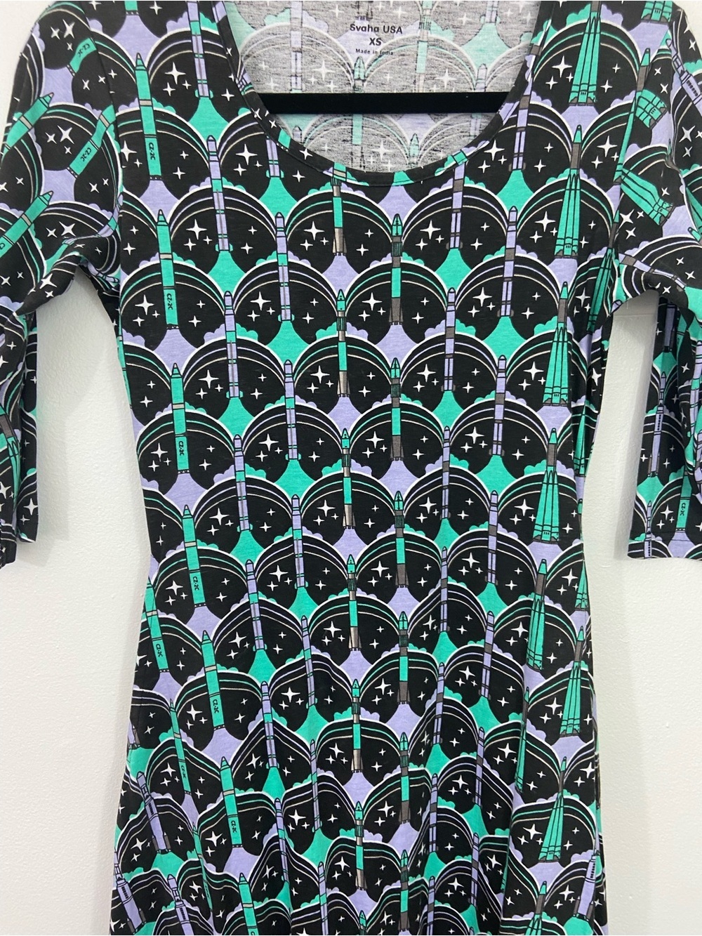 Svaha Rocket Print Midi Dress Science Space STEM Teacher Purple Cotton XS - Picture 2 of 11